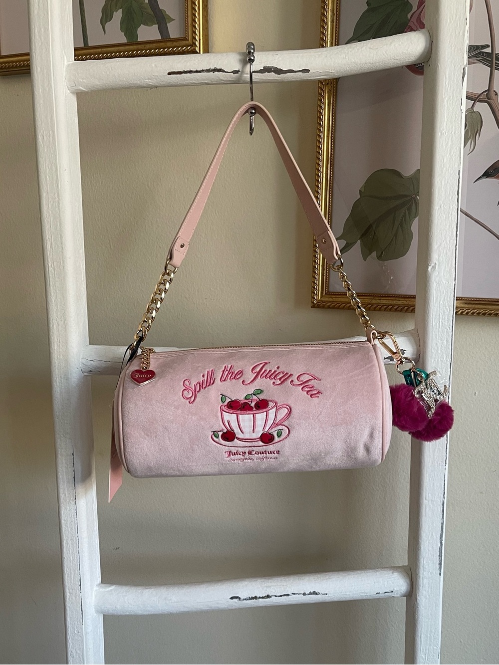 Juicy Couture Suede Pink 'Spill the Juicy Tea' Barrel shoulder Bag
